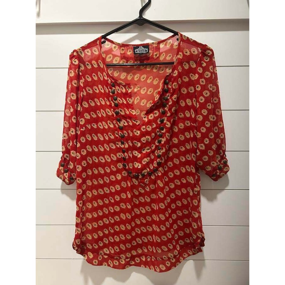 Angie Red Daisy Floral Sheer Blouse Button Neck 3/4 Sleeve Boho Top Large Fall